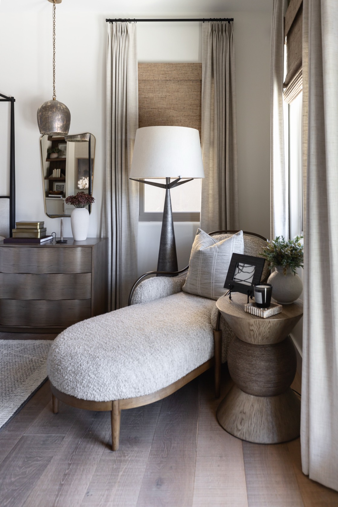 Detail of styled shelving and textured decor in an Arizona interior
